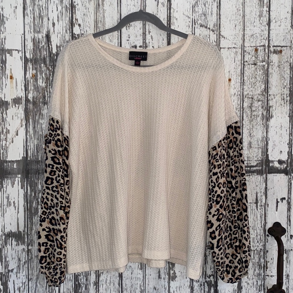 Cream waffle knit with cheetah sleeves top